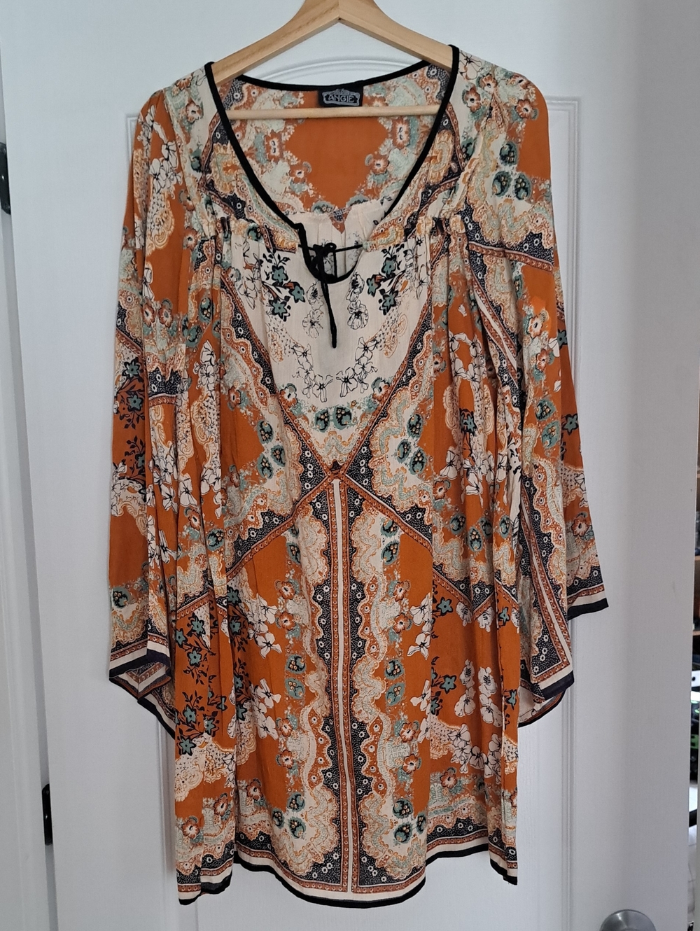 Angie Orange Floral Boho Tunic Dress with Cream and Teal Accents